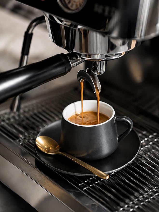 YHOSSEUN Ceramic Espresso Cups Set of 6, 4 OZ Expresso Shots Cup with Stand, Saucers & Spoons, Small Coffee Cup Demitasse Cups for Father's Day, Espresso Accessories for Machine, Black