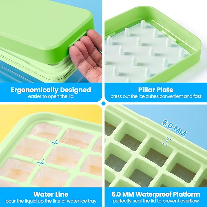 PHINOX Ice Cube Tray with Lid and Bin, 3 Pack Plastic Ice Cube Tray Molds, 84 pcs Ice Trays for freezer, Chilling Drinks, Whiskey & Cocktails, with Ice Container and Ice Scoop, BPA-Free