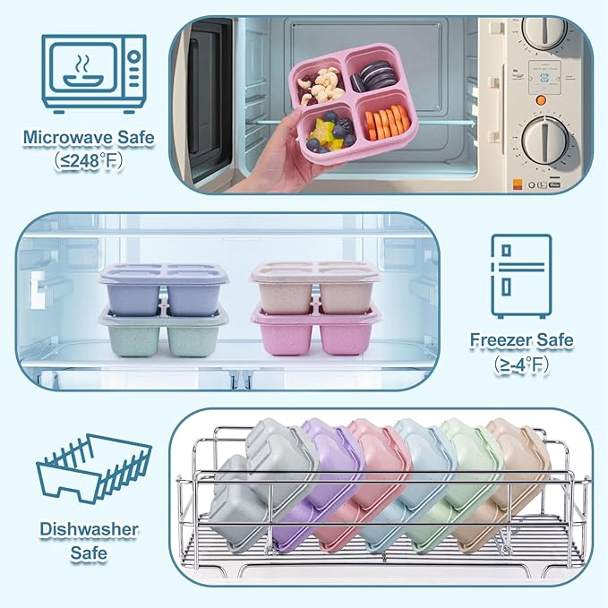 4 Pack Snack Containers, 4 Compartments Snack Box Container with Lids, Reusable Meal Prep Lunchable Container for Adults, Microwave Dishwasher Safe, Stackable Bento Snack Boxes for Work, Travel