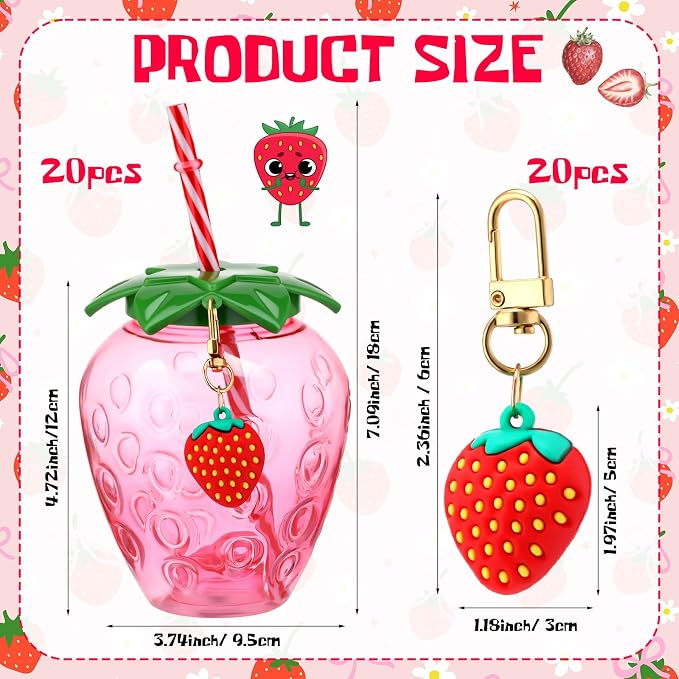LemonRoad 20 Pcs 17 oz Strawberry Shaped Cups with Lids and Straws Reusable Cute Drinking Cups Strawberry Water Bottles for Hawaiian Summer Party