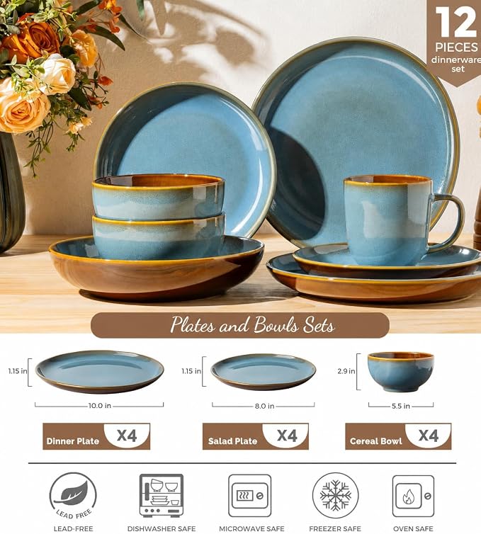 LERATIO Stoneware Dinnerware Sets for 4, 12 Pieces Ceramic Plates and Bowls Sets, Scratch Resistant Dish Set, Oven, Microwave & Dishwasher Safe-Ocean Blue