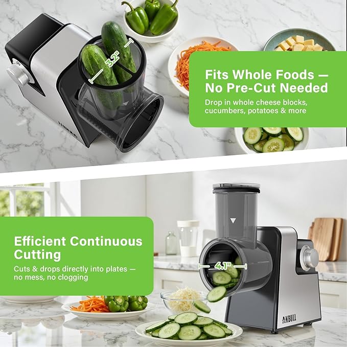 Anbull 7-in-1 Electric Salad Maker, 250W Professional Cheese Grater & Vegetable Cutter with Dicer, French Fry Blades, Automatic Slicer Shredder for Salads, Fruits, Nuts, One-Touch Meal Prep, BPA-Free