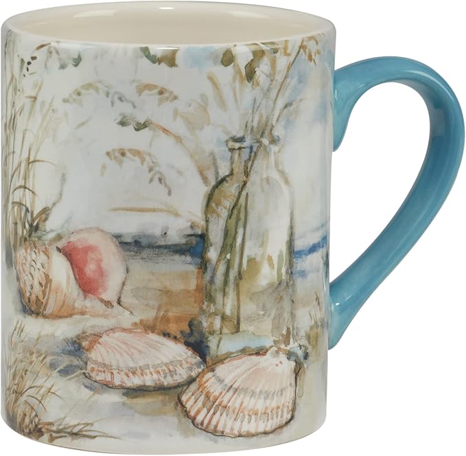 Coastal Landscape 16 oz. Ceramic Mugs – Set of 4 Assorted Beach Designs with Starfish, Shells & Ocean Bottles – Seaside Coffee Cups for Tea, Hot Cocoa, or Gifting – Blue Handle Accent (Pack of 3)