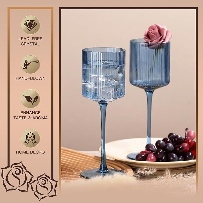 Midnight Blue Colored Square Wine Glasses Set of 6, Ribbed Design Blue Crystal Glassware with Long Stem, 11.5oz Hand Blown Red & White Wine Stemware For Home Dinner Party Wedding Housewarming Gift