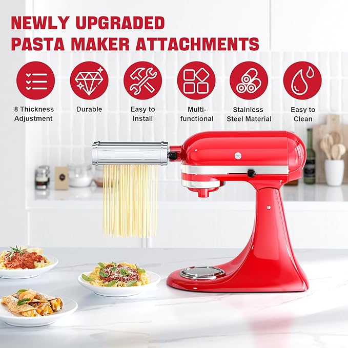 Pasta Maker Attachment for all KitchenAid Stand Mixer, including Spaghetti Cutter