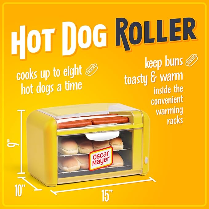 Nostalgia Oscar Mayer Extra Large 8 Hot Dog Roller & Bun Toaster Oven - Stainless Steel Grill Rollers for Veggie Sausages & Brats - Multi-Use Warming Oven with Adjustable Timer for Parties - Yellow