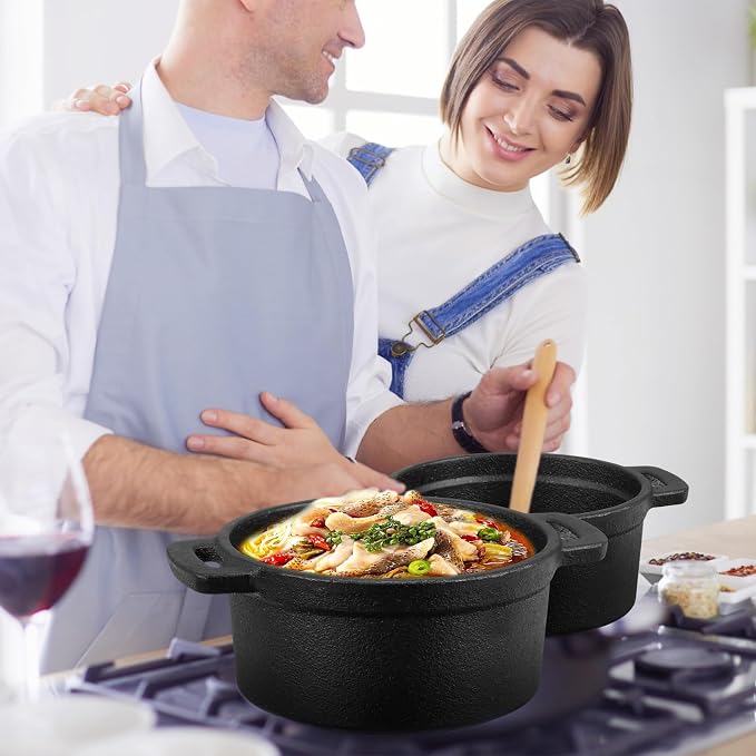 4 Pcs Mini Dutch Oven, 500F Small Round Iron Cocotte Black Dutch Oven Pot with Lid and Dual Handles Cast Iron Pot for Stovetop Use Marinate Cook Bake Refrigerate, Individual Servings(20 oz)