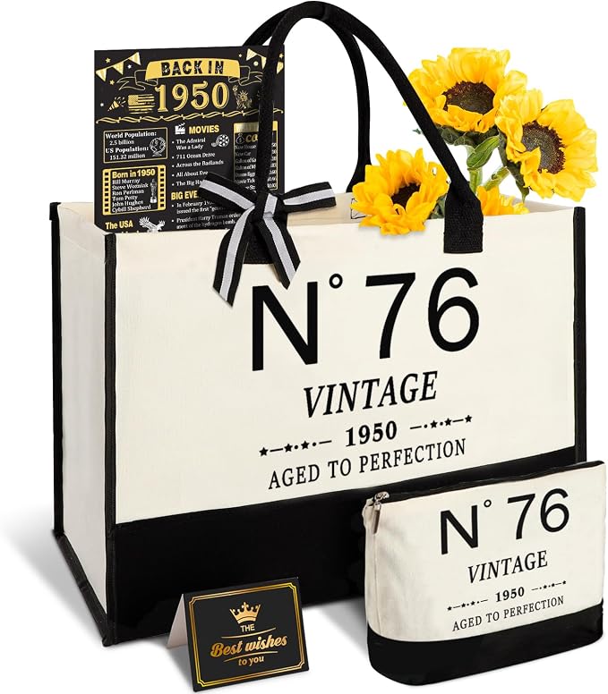 YeohJoy 76th Birthday Gifts for Women Canvas Tote Bag Travel Gear, Unique 76 Years Old Gifts for Wife Mom Sister Aunt Friends Her, Vintage N°76 Handbag & Cosmetic Bag & Back in 1950 Poster