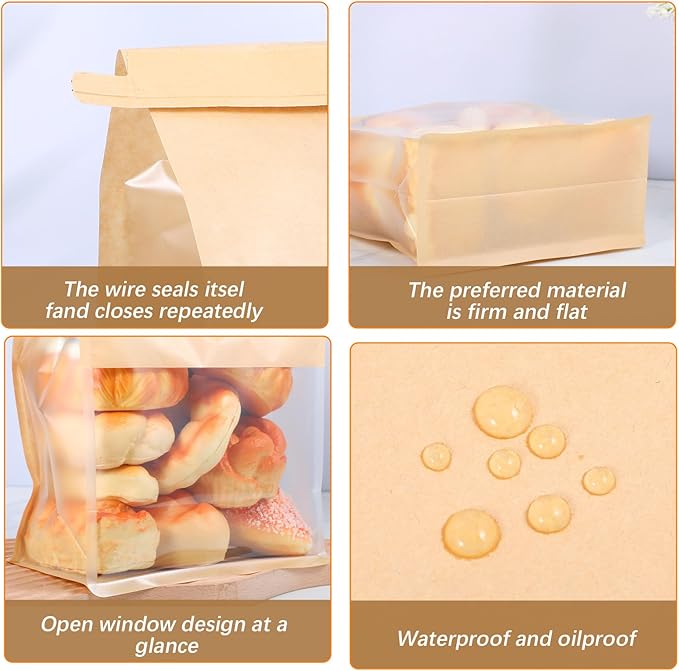 100 Pcs Heavy Duty Large Paper Bread Bags with Tin Tie Tab Lock, Loaf Bag with Clear Front Window, Storage Packaging Treat Bag for Bakery Cafe Homemade Bread 11.2” × 4.3” × 8.7”