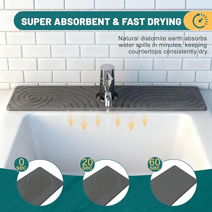 Hopegiver Stone Faucet Mat for Kitchen Sink - Fast Drying Diatomite Sink Protector Prevent Moisture, Super Water Absorbing Stone Tray for Kitchen & Bathroom Counter (Gray Line, 23.6"x5.1")