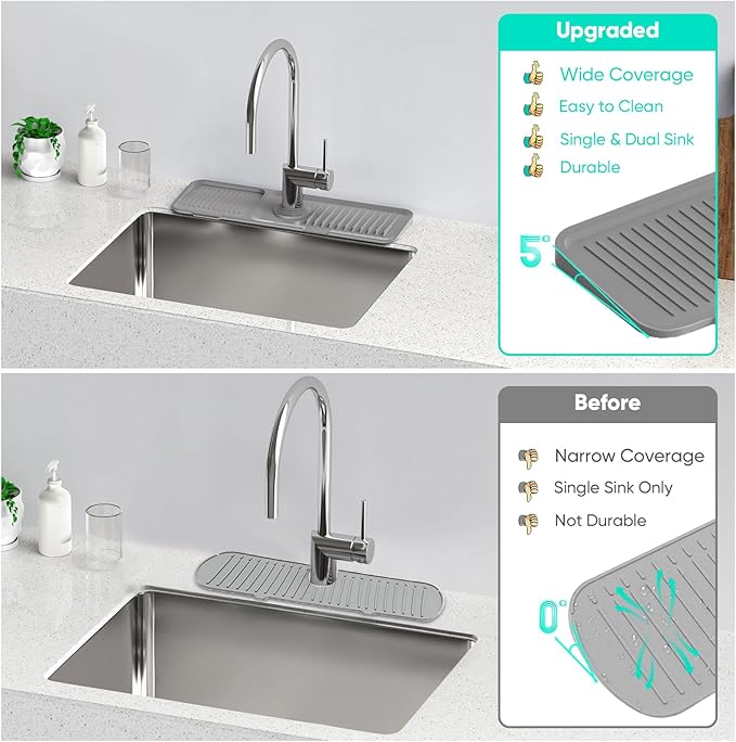 17.7'' Faucet Mat for Kitchen Sink [5°Slope Fast Self-draining] Kitchen Sink Splash Guard Silicone Kitchen Sink Faucet Mat Splash Guard for Kitchen Sink Area Tidy Splash Faucet Guard Draining Mat