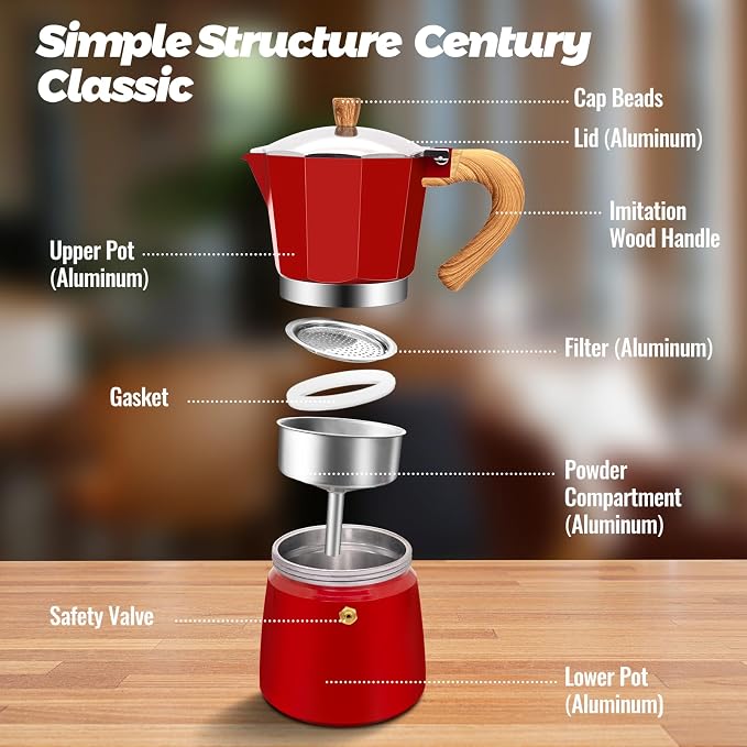 9 Cup Aluminum Moka Pot Classic Stovetop Espresso Coffee Maker 450ml 15oz Coffeemaker Percolator Mocha Pot Greca Coffee Maker Cafe Makers for Italian and Cuban Café Brewing Red