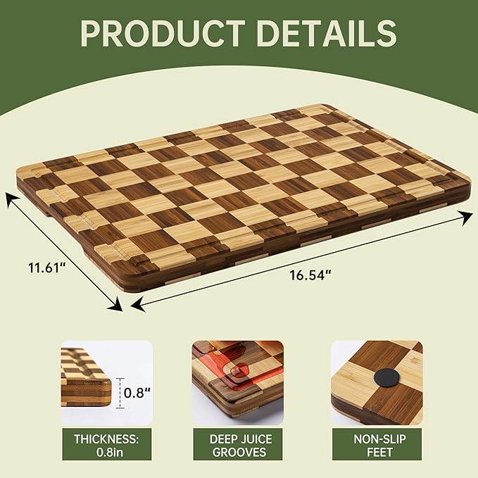 THETCHRY Bamboo Cutting Boards for Kitchen, Checkered Wooden Cutting Board with Juice Groove, Non Slip, Non Toxic Serving Tray, Thick Large Chopping Board Gift for Home Chef, 16.5” x 11.6” x 0.8”