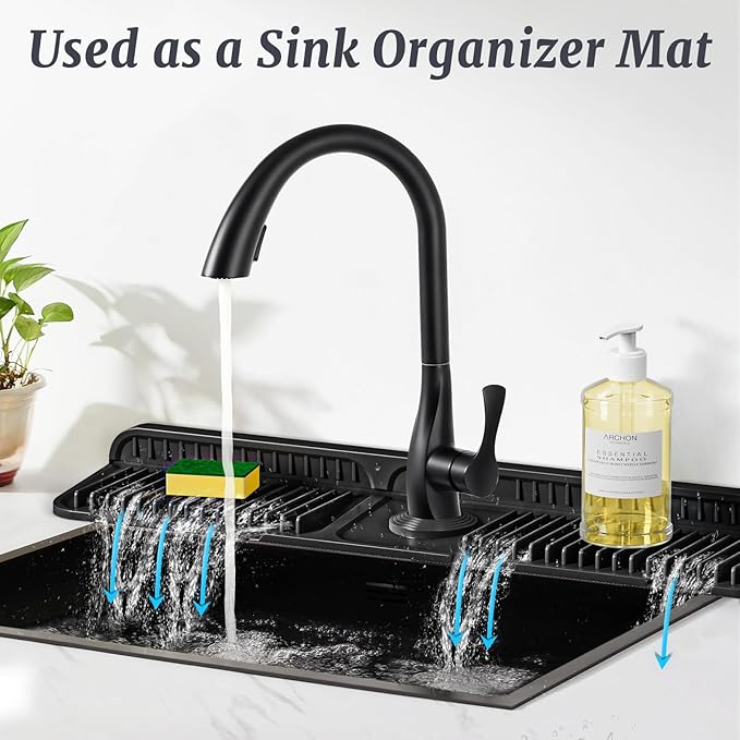 PoYang 24 inch Faucet Mat for Kitchen Sink Splash Guard, 7° Slope Silicone Sink Water Splash Guard for Kitchen Sink Area with Snap Button, Longer Sink Protectors for kitchen Sink Sponge Holder, Black
