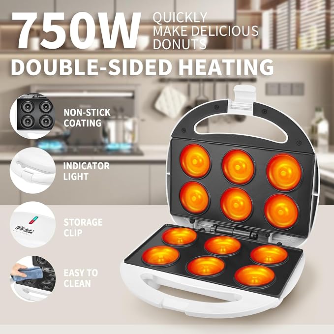 DSP Mini Donut Maker - Non-Stick, 6 Donuts, Cool-Touch | Quick 3-Min Baking, Indicator Lights, Easy Wipe-Clean, Breakfast/Snacks/Desserts, Electric Doughnut Machine, White
