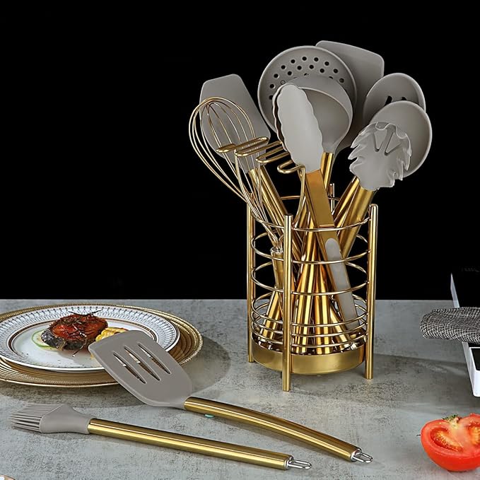 Gold Kitchen Utensils Set, Berglander 38 Pieces Non-stick Silicone Cooking Tools Spoon Spatula Set With Sturdy Stainless Steel Utensil Holder, Dishwasher Safe