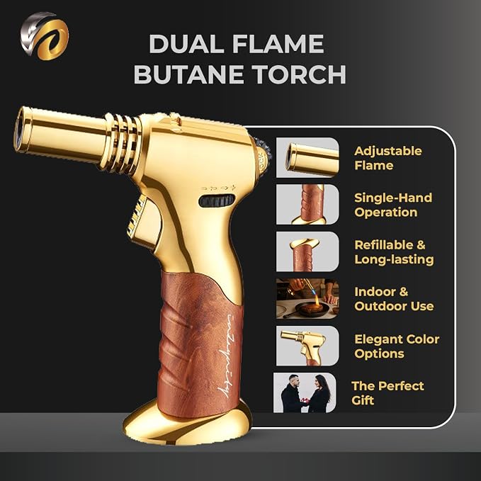 Dual Flame Butane Torch Gun – Refillable Handheld Mini Blow Torch for Cooking, Crème Brûlée, Welding, Soldering, Resin Art – Adjustable Flame & Ignition Lock–Limited Gold Brown by inZaynity®