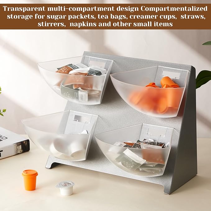 DoubleFill 15.5''x10''x 10.5'' Coffee Condiment Packet Organizer with 4 Removable Compartments Steel Coffee Caddy Station Creamer Sugar Tea Holder for Bar Countertop Office Kitchen Accessories(Silver)