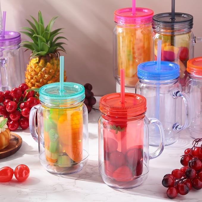 Suclain 10 Pack Plastic Mason Jars with Handles, Lids and Straws Mouth Mason Jar Mugs 20 oz Double Insulated Tumbler with Straw Large Clear Plastic Mug for Adults(Classic Color)
