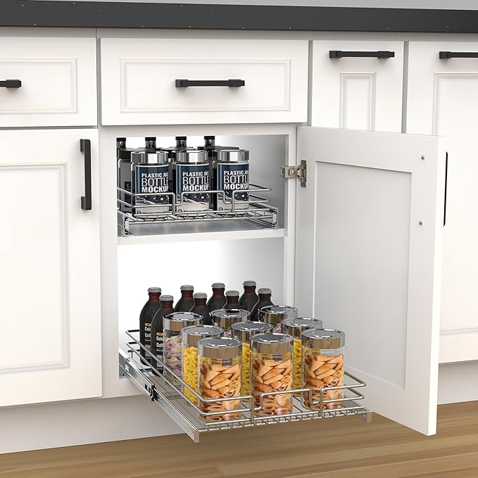 Pull Out Cabinet Organizer, Heavy-Duty Metal Sliding Drawer Shelf for Kitchen Cabinets, Chrome, Doesn't Include Door Fittings (26 * 21 IN)