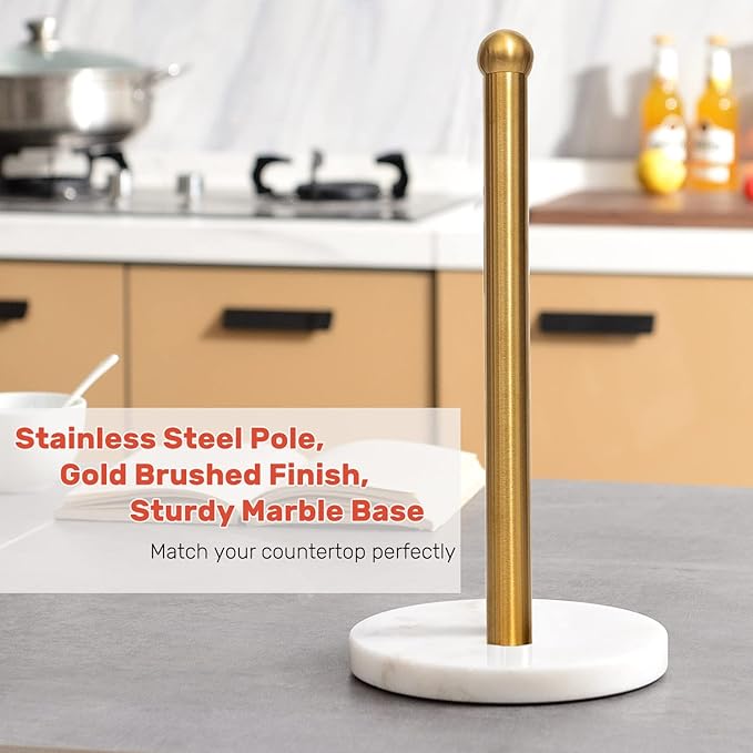 Heavy Weighted Paper Towel Holder, Easy One-Handed Design for Kitchen Stand Paper Towel Dispenser, Sturdy Base for Standard Paper Towel Rolls and Mega Paper Towel Roll (Gold Brushed)