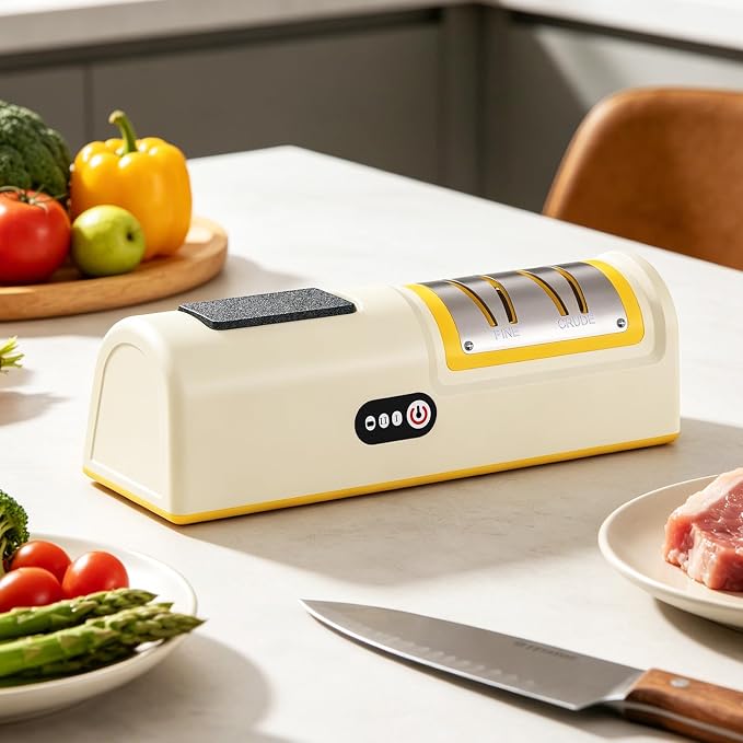 3 Stage Electric Knife Sharpener 2 Speed, Coarse & Fine Slots with Extra Fine Honing Stone on Handle, 20° Precision Angle Guide, Rechargeable Cordless Battery & Plug-in for Chef Knives