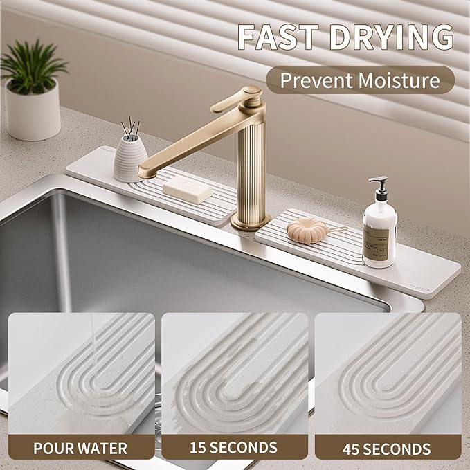 Faucet Mat for Kitchen Sink, Diatomite Stone Drying Sink Protectors, Bathroom Faucet Splash Guard, Quick Dry Water Absorbing, Non-Slip Tray for Kitchen Counter, White, 11.8" x 3.9" x 2pcs