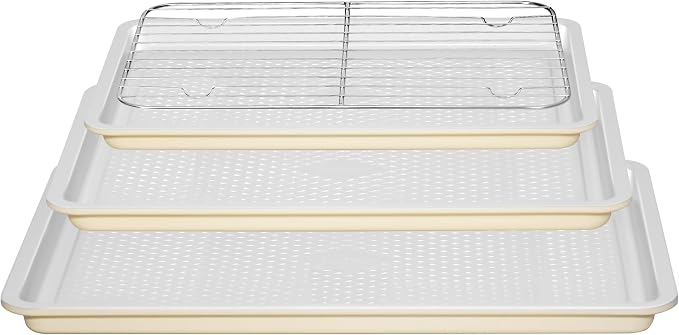 Nonstick Ceramic Baking Sheet With Rack, 3-Pack Half/Jelly Roll/Quarter Sheet Pan, Non-Toxic, PTFE & PFOA Free, Warp-Free, Oven Safe 550°F, Dishwasher Safe, Aluminized Steel, Gray Yellow