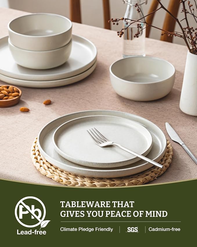 Famiware Milkyway Stoneware Dinnerware Sets with Pasta Bowls, Service for 4 (16 Pieces), Reactive Glaze Plates and Bowls Sets, Microwave and Dishwasher Safe Dishes Set, Matte Beige White
