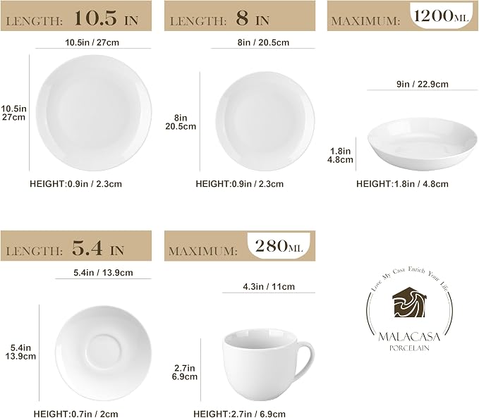 MALACASA 30-Piece Gourmet Porcelain Dinnerware Sets, Modern White Round Dish Set for 6 - Premium Serving Plates and Bowls Sets for Dessert, Salad, Soup, Pasta - Series AMELIA