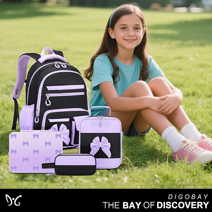 DIGOBAY Girls Backpack - Kids Bento Box Set with Insulated Lunch Bag, Cutlery and Pencil Case, 6 Leak-Proof Compartments, Removable Tray for Girls Teens School Picnic