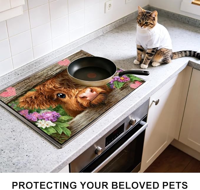 Stove Top Cover for Electric Stove 28.4 x 20.5 Inch Non Slip Stove Mat Oil Proof Floral Highland Cow Glass Cooktop Protector Kitchen Counter Mat
