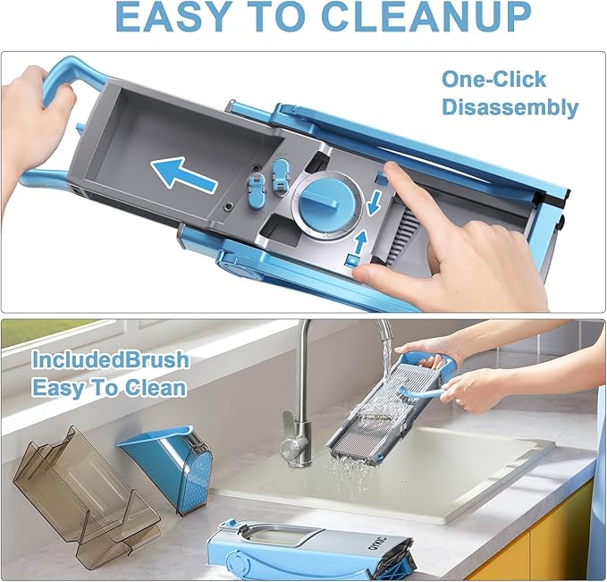 QYKIC Upgrade Safe Mandoline Slicer for Kitchen, Vegetable Chopper and Slicer, Potato Slicer Thickness Adjuster, French Fry Cutter, Veggie Onion Dicer Faster Kitchen Mandolin for Meal Prep (Blue)