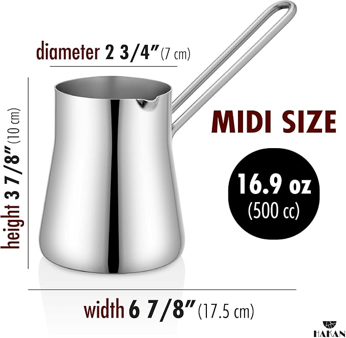 Hakan Turkish Coffee Pot, Greek Arabic Coffee Cezve, Stainless Steel Stove Top Milk Warmer, Chocolate Melting Pot with Spout, Chai Pot, Ibrik, Briki | 16.9 oz. (500 cc)