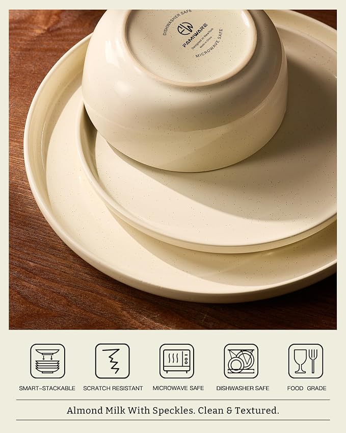 Famiware Milkyway Stoneware Dinnerware Set, 18-Piece, Plates and Bowls for Everyday & Formal Dining, Service for 6, Microwave and Dishwasher Safe, Scratch-Resistant, Almond Milk