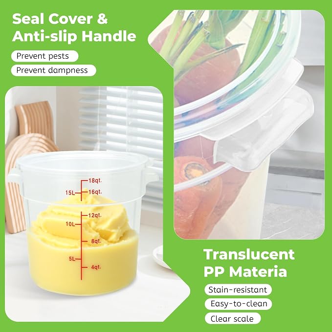 BIEAMA 4 Pack 18 Qt Round Food Storage Containers with Lids, Translucent PP | Include lids, labels, measuring cups and containers with capacity markings for food prep, pantry storage and dough proofing.