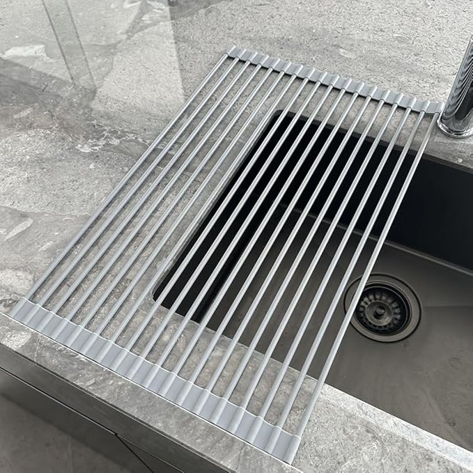 Roll Up Dish Drying Rack，Kitchen Silicone Wrapped Rolling Dish Drainer，Multipurpose Foldable Over The Sink Drying Mat, Heat-Resistant Anti-Slip Drainage Mat(Gray,52x33cm/20.5x13.0in)