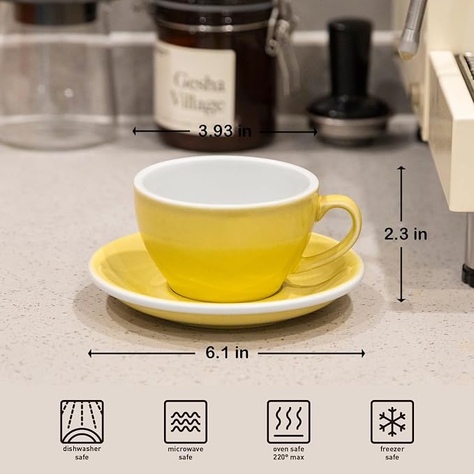 Loveramics Coffee Cup Ceramic, 8 oz Latte Art Cup with Saucer for Cappuccino, Tea, Espresso, Thick - walled stoneware Cappuccino mug Set for Cafe and Barista - Potters Colours (Butter Cup, 8OZ)