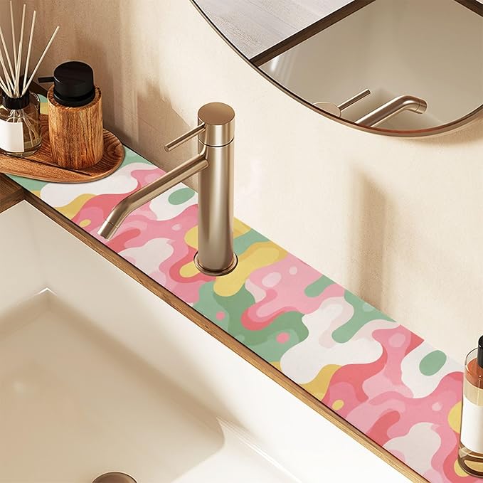 Kitchen Sink Splash Guard 1 PC 30 Inch Sink Faucet Mat Splash Guard for Bathroom Countertop Water Absorbent Foldable Cuttable Soft Washable Multicolored Drips