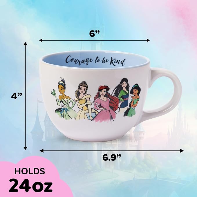Silver Buffalo Disney Princess Tiana Ceramic Soup Mug, 24oz | Belle, Ariel, Mulan, Jasmine, Aurora, Merida, Cinderella, Moana, Courage to be Kind artwork, Includes large handle
