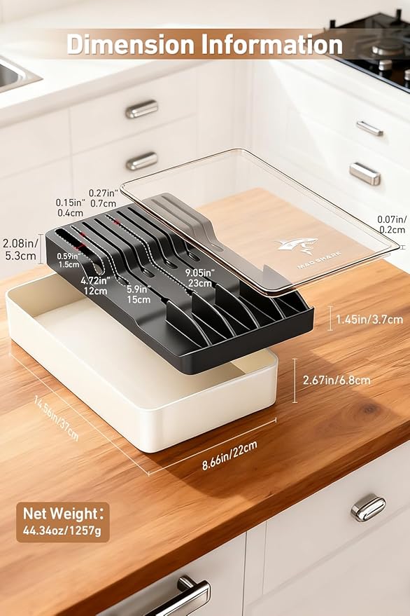 MAD SHARK 2-in-1 Detachable Knife Block & Silverware Organizer, Drawer Knife Holder for 10 Knives, BPA-Free, Blade-Safe Slots, Save Counter Space, Kitchen Drawer or Counter Storage, No Knives