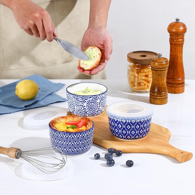 Selamica Ceramic Ramekins with Lids, 10 OZ Creme Brulee Ramekins with Covers Oven Safe, Custard Cups Small Baking Bowls for Souffle, Pudding, Onion Soup, Dips, Set of 6, Vintage Blue