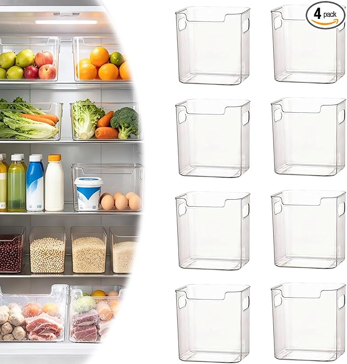Crystal Clear Freezer Storage Bins, BPA-Free Clear Fridge Organizer Bins with Handles, Stackable Plastic Bins for Organization, Heavy-Duty Clear Storage Bins (Transparent, 8S)