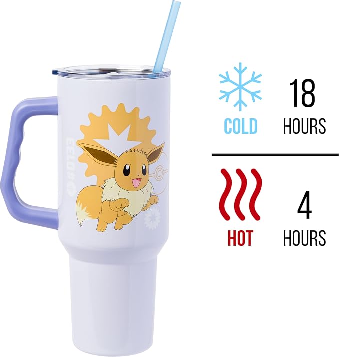 Silver Buffalo Pokémon Eevee Stainless Steel Tumbler with Handle, 40oz | Double-walled insulation, fits standard cup holder, secure lid with straw, travel friendly