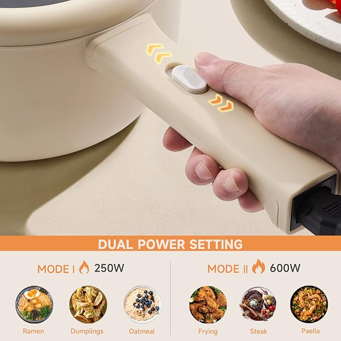 Dezin Hot Pot Electric, 2L Non-Stick Sauté Pan, Rapid Noodles Cooker, Mini Portable Pot for Steak, Egg, Fried Rice, Ramen, Oatmeal, Soup with Power Adjustment & Spatula, College Dorm Room Essential