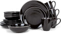 Elanze Designs Reactive Glaze Stone Ceramic Plates Bowls Mugs Classic Dinnerware 16 Piece Set - Service for 4, Black
