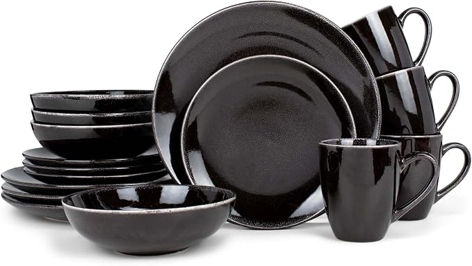 Elanze Designs Reactive Glaze Stone Ceramic Plates Bowls Mugs Classic Dinnerware 16 Piece Set - Service for 4, Black