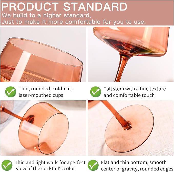 comfit Brown Coupe glasses Set of 6-13 oz Large Capacity Martini Glassware - Amber Colored Cocktail Glasses- 【Hand-Blown】 Colored Champagne Glass-Wedding Gifts
