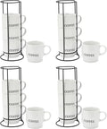 Signature Housewares Stackable Coffee Mug Tower Set with Metal Wire Rack - 15 Ounce for Tea, Cocoa, Milk, Cappuccino, Hot Chocolate Set of 4 - White Coffee (Pack of 4)