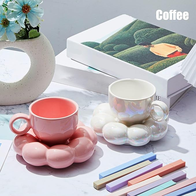 Tessco 2 Pieces Ceramic Coffee Cloud Mug Cup with Saucer, 7oz Cute Ceramic Mug with Coaster Set for Women Gift Home Office Tea Latte Milk Holiday, Pink and Pearl White(Sunflower)